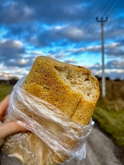 A close-up shot focuses on a piece of bread, likely a baguette or a similar loaf, wrapped in clear plastic. The bread has a golden-brown crust with visible pores and a slightly uneven texture, suggesting it is fresh. A person's hand is holding the bread from the right side of the frame, their fingers obscured by the plastic wrap and the bread itself.
The background is blurred and appears to be an outdoor scene. On the left, a bright blue sky with wispy white clouds is visible, suggesting daytime and possibly fair weather. A thin, horizontal pole with three prongs at one end, resembling a garden fork or a lightning rod, cuts across the sky. The right side of the background shows a patch of green, which could be grass or foliage, and a lighter, grayish area that might be a path or ground.
The image's composition and the handheld nature suggest a casual, informal moment. The sharp focus on the bread contrasts with the soft focus of the background, emphasizing the bread as the primary subject. There is no visible text in the image. The overall impression is one of a simple, everyday object captured against an outdoor backdrop.
