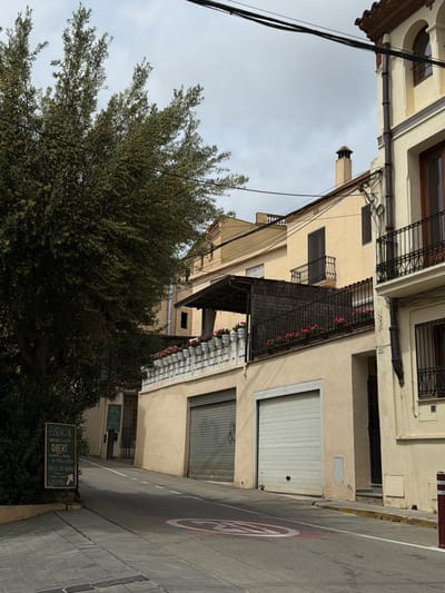 Here is a description of the image:

The image shows a street scene in what appears to be Sant Andreu de Llavaneres, Spain. The street is lined with buildings, mostly two or three stories tall, painted in light, neutral tones. Some buildings have wrought iron balconies adorned with flowers. A large tree occupies the left side of the frame, partially obscuring the buildings behind it.

On the right side of the street, a sidewalk borders the roadway. A sign is visible near the bottom right, advertising "ESSENCIAL menjars cuinats OBERT," indicating a prepared food establishment. The sign also mentions "PAELLES PER ENCARREC," suggesting paella is available to order. A speed limit sign is painted on the road. Utility lines are visible against the sky. The sky is overcast.