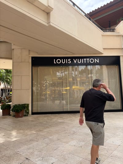 A man with short, gray hair stands on a tiled surface, facing and looking at the window display of a store with the name "LOUIS VUITTON" on the left side of the store. The man is wearing a black short-sleeve shirt and gray shorts. The store is located on a shopping street, as there are potted plants and palm trees visible down a passageway. The architectural style suggests a location in Coral Gables, Florida, United States.