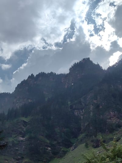 The image depicts a dark, imposing mountain range with a dense forest of coniferous trees covering its slopes. The sky above is a dramatic mix of heavy, dark clouds and bright, sunlit patches, suggesting a dynamic weather system. The mountain's rugged terrain is visible, with rocky outcrops and steep inclines. In the lower part of the image, the forest continues, with some patches of green grass and smaller trees visible on the lower slopes. The overall scene is one of natural grandeur and a somewhat moody atmosphere, likely captured in the mountainous region of Kothi, India, known for its scenic beauty. There are no people or human-made structures immediately apparent in the frame, emphasizing the wild and untamed nature of the landscape. The lighting suggests it could be late afternoon or early evening, with the sun attempting to break through the thick cloud cover.