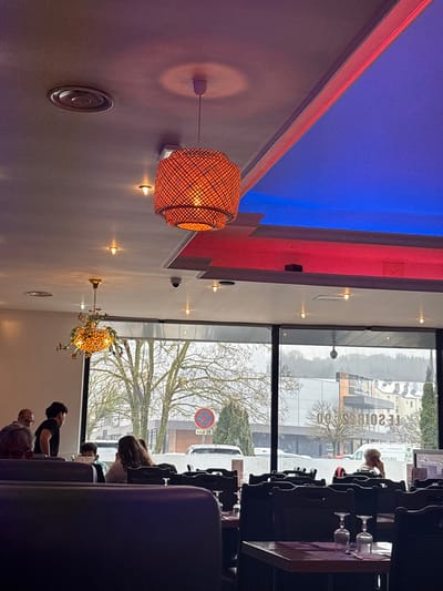 The image depicts the interior of a restaurant or dining establishment located in Audun-le-Tiche, France, viewed from an elevated perspective toward a large window frontage. The ceiling features a white surface with multiple recessed spot lights, a prominent cylindrical pendant light fixture with an orange, woven material shade in the foreground, and another ornate, gold-colored pendant fixture further back. Sections of the ceiling are illuminated with decorative blue and red lighting. A circular air vent and a small black security camera are mounted on the ceiling.
The dining area contains multiple dark-upholstered booths and dark wooden chairs arranged around tables. Several tables are set with inverted wine glasses and dark placemats.
At least six individuals are present. In the mid-ground left, the back of a person with light hair is visible seated in a booth. Standing nearby are two men; one with glasses and grey hair, and another with dark hair wearing a black t-shirt. Further right, a person with long, dark hair is seated facing away from the camera. In the mid-ground right, an older individual with light-colored hair is seated at a table, looking out the window, with their hand possibly supporting their head or holding a device.
Through the large windows, an exterior scene is visible under what appears to be an overcast sky. Bare deciduous trees line the street or parking lot. A red circular "No Parking" sign with a diagonal line is visible, displaying "SAUF 50" in white text. Various vehicles, including a white SUV/truck and a white van, are parked. Across the street, a commercial building with a black roof and lighter facade is visible, displaying signage that reads "LE SOIRÉE D'OR" in reverse through the window. Distant hills or forested terrain are visible in the background.