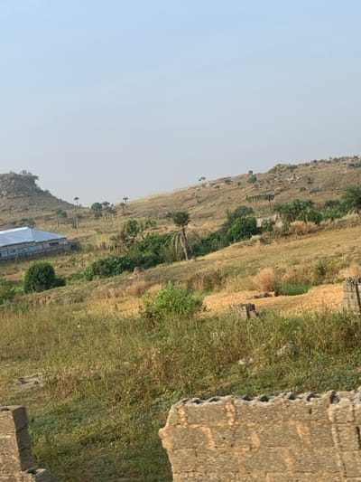 A landscape features a rocky hillside with sparse vegetation and a few trees dotting the terrain. In the foreground, dry, golden-hued grasses blend with low-lying shrubs. A structure with a blue roof nestles into the base of the hill. A weathered, stone wall occupies the extreme right side of the view. A clear, light blue sky provides the backdrop.