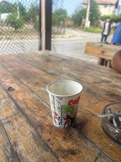 The image presents an outdoor scene in Pishtigovo, Bulgaria, featuring a weathered wooden table as the main subject. The table surface is heavily scratched and stained, indicating significant use.
In the foreground, a white disposable cup lies on its side on the table. The cup is adorned with graphic illustrations depicting city buildings and stylized figures in black and white. Prominent red lettering on the cup can be partially seen, reading "Coffe" (or part of "Coffee" or a similar word). Towards the upper right of the table, a dirty ashtray filled with numerous cigarette butts and ashes is visible, along with a clear plastic stirrer.
The background is blurry and depicts an outdoor setting seen through a mesh fence or netting. Beyond the fence, green foliage from trees or bushes is present. A blurry figure of a person, dressed in a light top and dark bottom, stands in the distance. A fragment of another person, possibly an arm or leg, is visible in the top left corner of the frame, suggesting someone is seated at the table.
The scene conveys a casual, unpretentious atmosphere, likely on a bright, sunny day given the clear lighting. The combination of the coffee cup and ashtray suggests an activity involving beverages and smoking, perhaps a break or social gathering in an outdoor area like a garden or cafe.