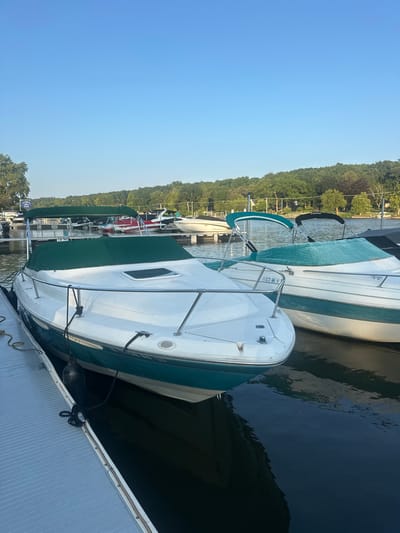 The image depicts a marina scene in Algonquin, Illinois, USA, on a clear day with a bright blue sky. Several boats are docked along a gray plastic dock. The foreground features a white and teal boat covered with a green tarp. To its right, another white and teal boat, also partially covered with a teal tarp, is docked. In the background, more boats are visible, some with covers and some without, as well as a tree-lined shore. The water is dark and calm, reflecting the sky and the boats.