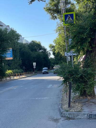 The image captures a sun-drenched street scene in Pokoinoe, Russia, under a clear blue sky. A paved road runs through the center, marked with white lines and a pedestrian crossing. On the right side of the road, a sidewalk is visible, bordered by a concrete curb and a large tree. A stop sign with the word "СТОП" is mounted on a pole near the tree. Further down the street, a white van is seen driving away from the camera, and other cars are visible in the distance. On the left side of the road, a pedestrian crossing sign with a silhouette of a person walking is displayed on a pole. Beyond the road, a multi-story building and lush green trees line the area. A banner with text in Russian hangs from a pole on the left, partially obscured by trees. The scene appears to be a typical urban street in a residential area, possibly during daytime.