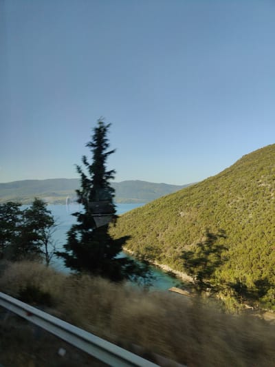 This is a photograph taken from a moving vehicle, looking out over a body of water and a hillside. The sky is clear and blue. In the foreground, a blurred guardrail suggests the perspective is from a road. To the left, some trees are visible, and beyond them is a body of water, possibly a bay or lake, with rolling hills in the distance. To the right, a steep, green, tree-covered hillside dominates the frame. The water appears turquoise near the shore and deep blue further out. There is a small, floating wooden structure on the water near the shore of the hillside. The scene is likely located in the Municipal Unit of Pelasgia, Greece, given the vegetation and coastal landscape.