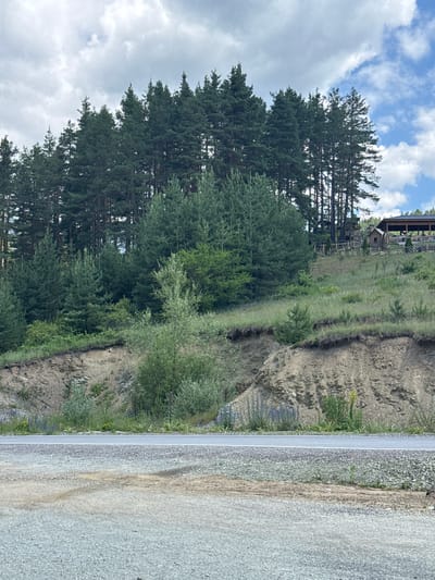 The image depicts a natural landscape scene near Yurukovo, Bulgaria. In the foreground, a paved road runs horizontally across the lower portion of the frame. The road is bordered by a gravel shoulder. Behind the road, a steep, eroded embankment rises, revealing layers of soil and rock. Vegetation, including grasses and small bushes, grows on and around the embankment.
Further up the slope, a dense forest of evergreen trees dominates the midground and background. The trees are tall and closely packed, forming a dark green canopy. Above the forest, the sky is visible, filled with a mix of white, fluffy clouds and patches of blue.
On the upper right side of the image, a wooden structure with a dark roof and open sides, possibly a gazebo or a covered seating area, is partially visible among the trees. A wooden fence with a decorative pattern runs along the edge of the property where the structure is located. A small wooden building, resembling a shed or a playhouse, is situated near the covered structure. The overall scene suggests a rural or natural setting, likely a roadside view with a forest and a constructed area further up a hill.