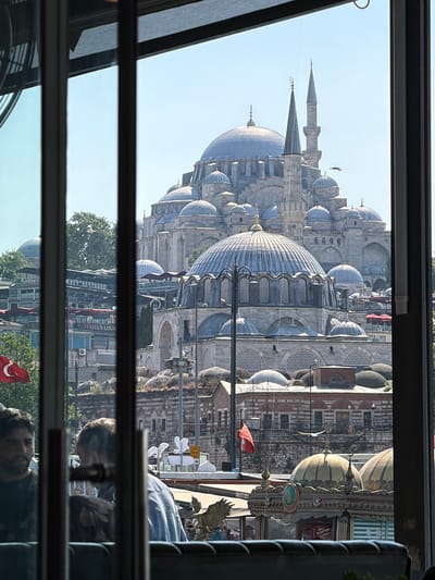 A daytime, medium shot captures the Suleymaniye Mosque complex in Fatih, Istanbul, Turkey, viewed through a large window with vertical mullions. The mosque's grand domes and minarets dominate the background against a clear blue sky. In the mid-ground, various buildings with smaller domes and rooftop structures are visible, interspersed with trees. A Turkish flag flies on the left. In the foreground, partially obscured by the window, are three individuals seated. The person on the far left has dark hair and a beard. The person in the center is seen from the back, with graying hair. The person on the right wears a light blue sweater. The scene appears to be from an indoor vantage point, possibly a restaurant or cafe, with dark seating visible in the bottom foreground.