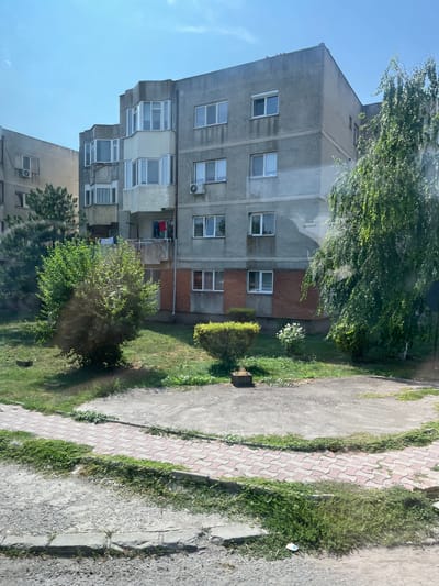The image depicts an apartment building in the city of Negru Vodă, Romania. The building is made of concrete and features multiple stories with numerous windows. Some of the windows are bay windows, and there are balconies visible, some with laundry hanging. The building's facade is gray and shows some signs of wear. In front of the building, there is a grassy area with some trees and bushes. A paved walkway with red and gray interlocking pavers runs through the scene, bordered by grass. The overall environment appears to be a residential urban setting.
