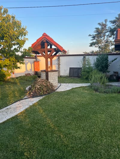 The image depicts a residential backyard in the village of Voyvodino, Bulgaria. The scene is dominated by a meticulously maintained lawn and a decorative well with a wooden roof. A stone pathway winds through the grass, leading towards the well. To the left of the well, a pile of dried leaves and branches is visible, suggesting recent yard work. A brick chimney and a white wall with a shadow pattern are also present. In the background, various trees and shrubs add to the natural ambiance. The sky above is a clear blue, indicating fair weather.