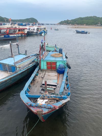This image depicts a harbor scene in Vinh Hai, Vietnam. The foreground features several docked boats, with a prominent blue wooden fishing boat taking center stage. This boat, showing signs of wear, has a wooden deck and a small cabin with red doors. Ropes are coiled on its deck, and a blue bucket and a black tire are visible on its exterior. Adjacent to it is another larger blue boat. In the middle ground, a fleet of larger white passenger ferries and smaller blue fishing boats are moored. Some of these ferries display Vietnamese flags. The background shows a sandy beach with several individuals wading or standing in the shallow water, and beyond that, a lush green, hilly landscape. The sky is overcast. The water is calm and grey.