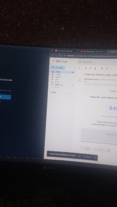 The image shows a computer screen with a Collective Memory login code sent to Gmail. The inbox is visible on the left side of the Gmail screen, with options like "Compose," "Inbox," "Starred," "Snoozed," "Sent," "Drafts," "Purchases," and "More." The login code is "64." The prompt is to enter the code on Collective Memory to log in. An option to "Disable desktop notifications for Gmail" is also present.