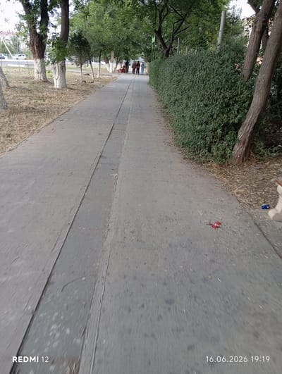 The image depicts a paved walkway in Bekabad, Uzbekistan, lined with trees and a dense green hedge. In the distance, several individuals are walking along the path, one pushing a red stroller. The ground is dry and shows signs of wear. There is a red candy wrapper on the walkway. The scene is captured in natural lighting. The bottom of the image includes a watermark "REDMI 12" and a date stamp "16.06.2026 19:19".