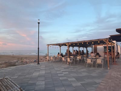 This image depicts an outdoor beachfront dining area during dusk, located in Sagunto, Spain.
In the foreground, a dark grey paved walkway extends across the frame. A wooden slatted bench with dark metal arms is partially visible in the bottom left corner. A tall, black lamppost with a clear, spherical light fixture at its apex stands prominently on the left side of the paved area.
The central part of the scene features an open-air bar or restaurant setup. This area is covered by a wooden pergola structure from which multiple strands of warm-toned, bell-shaped string lights are suspended, casting an inviting glow. Under the pergola, numerous light-colored outdoor tables, primarily square and round, are arranged with matching chairs. Approximately 20-30 individuals are present within this area; some are seated at tables, engaged in conversation or dining, while others stand and socialize. A white, modular building, possibly a service counter or kitchen, is integrated into the right side of the pergola structure.
Beyond the paved area, a strip of natural ground with rocks and sparse vegetation separates the establishment from a sandy beach. On the beach, a lone figure is visible walking near the water's edge. The sea is calm, with gentle waves breaking near the shore, and extends to the horizon.
The sky above is transitioning from daylight to night. It displays a gradient of colors, ranging from a pale blue overhead to soft pinks and oranges near the horizon, indicative of sunset or twilight. Overcast conditions are present, with light, scattered clouds.