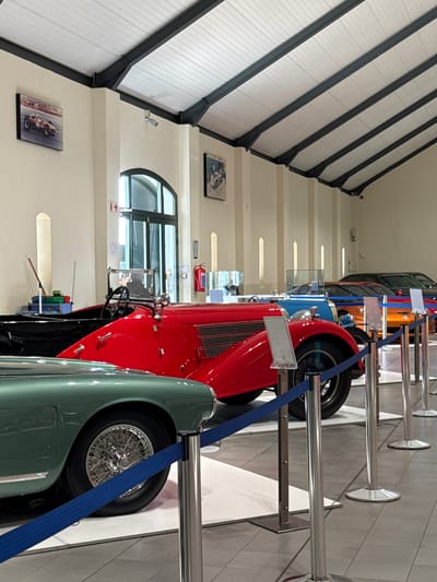 The image shows a line of vintage cars on display in a museum. The cars are separated by metal barrier posts with blue straps. In the background, there are white walls with paintings and a curved window. The building has a distinctive ceiling with rows of white panels trimmed with black frames. The location is Stellenbosch Local Municipality, South Africa.