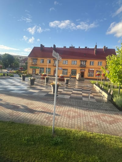 This is an exterior, eye-level, medium shot of a town square in Krosno Odrzańskie, Poland. The square features a checkered pavement pattern with large planters filled with flowers. A building with an orange facade and a red tile roof is visible in the background, with various businesses indicated by signs such as "zabka cafe," "SPRZEDAZ KARPIA," and "OPTYK." A street sign is also present. The sky is blue with scattered white clouds, and the sun is casting long shadows across the square. To the right, there is a row of benches and a small tree. In the foreground, a patch of green grass is visible. There are no people visible in the frame.