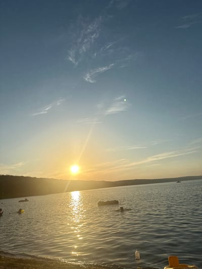 This is a landscape photograph taken at sunset in Ustia, Moldova. The image depicts a body of water, likely a river, with gentle ripples reflecting the golden light of the setting sun. On the right side of the frame, a sandy or pebbly shore is visible, with some dark, possibly wet, areas and a hint of green vegetation. To the left, a silhouette of a treed shoreline stretches across the horizon, bathed in the warm, diffused light.
The sun, a bright, glowing orb, is positioned in the upper right quadrant of the sky, casting a strong glare and creating shimmering reflections on the water's surface. Wispy clouds are scattered across the clear, pale blue sky, gradually transitioning to warmer hues of yellow and orange closer to the horizon. The overall mood of the image is tranquil and serene, suggesting a peaceful end to the day.
Several small, dark objects are floating in the water, possibly buoys or small boats, adding a subtle touch of human presence to the natural scene. A clear plastic bottle is also visible near the shore, indicating the presence of litter, which contrasts with the otherwise natural beauty of the landscape. In the far distance, a faint silhouette of a person can be seen on the water.
The time of day is clearly sunset, as indicated by the position of the sun and the warm, low-angled light. The weather appears clear with light cloud cover, ideal for sunset viewing. The presence of a river and treed shorelines provides context for the location in Ustia, Moldova. No visible text is present in the image.