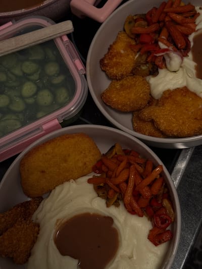 The image displays a domestic scene in Bad Nauheim, Germany, featuring two prepared meals and a side dish container positioned on a dark, possibly charcoal-grey, countertop.
In the foreground, a light-grey, shallow bowl contains a meal. This meal consists of a substantial portion of mashed potatoes with a central indentation filled with dark brown gravy. To the left, a single, large, rectangular golden-brown fried item is present, accompanied by two smaller, irregularly shaped golden-brown fried items positioned further left. On the right side of the plate, a serving of roasted vegetables is arranged, predominantly featuring elongated orange carrots and strips of red bell peppers.
In the mid-ground, a second, partially visible light-grey bowl mirrors the first, containing mashed potatoes with gravy, several irregularly shaped golden-brown fried items, and a portion of roasted carrots and red bell peppers.
To the left of the bowls, a rectangular, transparent plastic food container with a pink lid is visible. Inside, numerous small, round, green objects, consistent with sliced pickles or gherkins, are immersed in liquid. A light-colored wooden utensil rests diagonally across the closed lid of this container.
The scene is illuminated with moderate to low lighting, indicative of an indoor setting, likely evening. No individuals are present in the image.