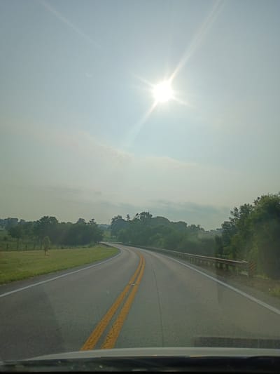 The image shows a bright, sunny day with a clear blue sky in Harrodsburg, United States of America. The sun is high in the sky, casting a strong glare. A curved road with double yellow lines runs diagonally across the frame, bordered by a grassy verge on the left and a dense line of trees on the right. The perspective suggests the photo was taken from a moving vehicle, possibly a car, looking out the window. The road appears to be an asphalt surface. The overall scene is serene and tranquil, with the natural landscape dominating the view. There is no visible text in the image. The time of day is likely midday due to the intense sunlight and clear sky. The weather is fair and sunny, with no clouds obscuring the sun. The location is identified as Harrodsburg, USA, which, combined with the rural scenery, suggests a drive through the countryside.