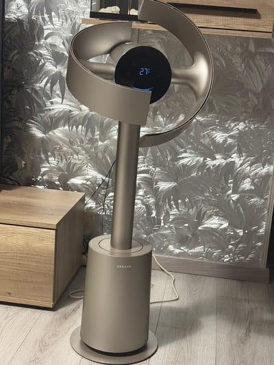 A modern, floor-standing fan with a sleek, taupe-colored design is positioned in a room. The fan has a circular top section with a digital display showing "27°C". The base of the fan is cylindrical and bears the brand name "DREAME" in white text. The fan is plugged in, with a white power cord visible.

The fan is situated on a light-colored wooden floor. To the left of the fan is a light wood-toned cabinet with two drawers. The background features a wall with a prominent tropical leaf pattern wallpaper in shades of grey and white. The lighting in the room appears to be ambient, casting soft shadows.

The location of this scene within the city of Augsburg, Germany, is not discernible from the image itself. There are no people or any specific indicators of this geographical location.