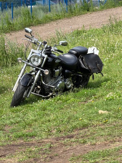 A black motorcycle is parked on a grassy area next to a dirt path. The motorcycle has a large, round headlight, chrome accents, and leather saddlebags on the rear. The background shows a blue fence and tall green grass with some wildflowers. The scene appears to be in a rural or semi-rural setting, possibly on the outskirts of Sergeevka, Russia. There are no people visible in the image.