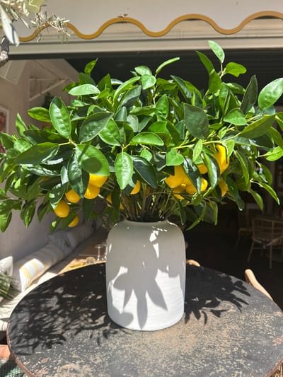 A close-up, eye-level shot captures a faux lemon tree in a white textured vase, positioned on a dark, round table. The table's surface is speckled with rust and has a rough texture, with shadows of leaves cast upon it. The lemon tree, with vibrant green leaves and yellow faux lemons, is illuminated by strong sunlight filtering from the right. In the background, partially visible through an open doorway, is an indoor space with rattan chairs and a striped pillow on a bench, suggesting an outdoor seating area of a café or restaurant in Hyères, France. A small fly is visible in the upper right corner of the frame.