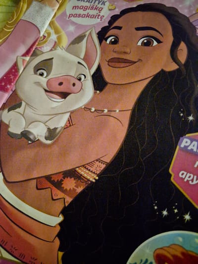 The image shows a close-up of a drawing of Moana, a character from Disney's animated film "Moana," holding a pig character named Pua. Moana has brown skin, dark hair, and is wearing a necklace. Pua is a light-skinned pig with large ears and a smiling expression. The background is dark, with some scattered white stars. There is text visible in the upper left corner that appears to be in Lithuanian, reading "GRAITYK MAGIŠKĄ PASAKAITĘ," which translates to "Read a magical fairy tale." There is also a pink and yellow label with Lithuanian text in the lower right corner, partially obscured, showing the word "PA" and "apy." This image is not related to the city of Švenčionys, Lithuania, or any specific location within it.