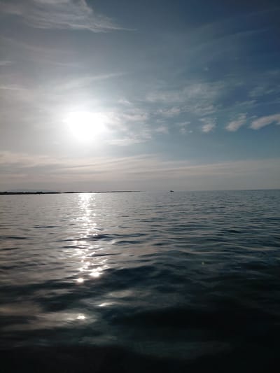This media file depicts a split view of a serene natural scene. The left side of the image captures a bright, sunlit sky filled with wispy white clouds against a pale blue backdrop. The sun itself is a prominent feature, casting a brilliant glow that illuminates the clouds and suggests it is daytime, likely late afternoon or early evening due to the soft light.
The right side of the image showcases a body of water, its surface rippled by gentle waves. The sunlight reflects off the water, creating shimmering highlights that streak across the dark, blue-gray surface. The water appears calm and expansive, hinting at a lake or sea.
In the distance, along the horizon where the sky meets the water, a thin, dark line suggests land or a distant shoreline. A solitary, dark silhouette of what appears to be a small boat or figure is visible on the water, adding a sense of scale and a solitary element to the vastness of the scene. The overall mood is peaceful and tranquil, with the natural elements of sky and water dominating the composition. The low angle of the sun and the calm water suggest a peaceful time of day in a natural environment, possibly a coastal or lakeside setting in Akshi, Kazakhstan. No text is visible in the image.