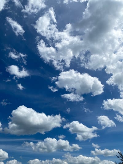 The image shows a bright blue sky filled with various types of clouds. Cumulus clouds, which are puffy and white, are scattered across the sky, some appearing larger and more dense than others. Wispy cirrus clouds are also visible, stretching across the sky in thin streaks. The lighting suggests it is daytime, with the sun illuminating the clouds from above. There are no people, buildings, or landscapes visible in this image, as the frame is entirely focused on the sky. The context of Uchaly, Russia, does not provide any specific visual information for this image, as the image itself contains only sky and clouds.