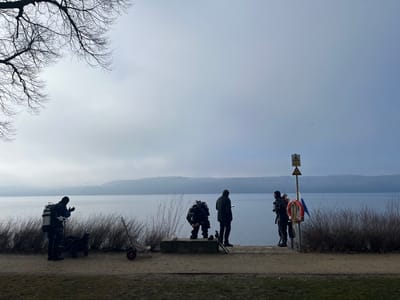 The image depicts an outdoor waterfront scene in Überlingen, Germany, under an overcast sky. Four individuals are present on a dirt path adjacent to a large body of water, likely Lake Constance. Three individuals are dressed in dark diving drysuits with hoods.
On the far left, one diver, equipped with twin-cylinder dive tanks, stands next to a black two-wheeled equipment trolley, appearing to adjust their gear. A second diver is positioned centrally, bent over a low, light-colored concrete or stone bench at the water's edge. A third individual, in dark civilian clothing, stands upright between the second diver and a fourth diver, facing the water, and appears to be holding a mobile device. The fourth diver, on the right, stands near a vertical metal pole. This pole displays two yellow triangular warning signs and has a red and white life preserver ring and a blue object attached. Dry, brush-like vegetation separates the path from the water.
The calm, greyish-blue water extends to the horizon, where a distant, hazy landmass is visible. The sky is uniformly grey and overcast. Bare tree branches are silhouetted in the upper left portion of the frame.