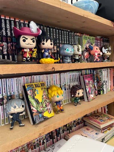 The image shows a close-up, eye-level view of two wooden shelves filled with manga and Funko Pop figures. The shelves are in a domestic setting, likely a room in Puyvert, France, given the context of previous interactions.
The top shelf is crowded with Funko Pop figures, including Captain Hook, Goku, the Cheshire Cat, a rhino-headed creature, a character in a pink outfit, and a character with a winged helmet. Behind them, a wall of manga spines is visible, featuring titles like "Jujutsu Kaisen," "Demon Slayer," and "Steel Ball Run."
The bottom shelf displays more manga, with spines reading "Hunter x Hunter," "Tokyo Ghoul," and "Dragon Ball." Several Funko Pop figures are positioned on this shelf as well, including a character with grey hair, a character with spiky brown hair, and a character with blonde hair. A "Steel Ball Run" manga volume is propped up against other books on this shelf.
The lighting is natural and appears to be coming from the right side of the frame. The overall scene is tidy, with the books and figures neatly arranged.