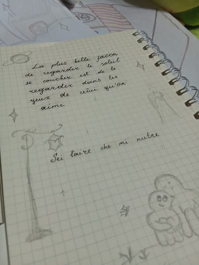 A close-up, high-angle shot shows a page from a spiral-bound notebook with grid paper. The notebook is open, and the page is filled with handwritten cursive text in French and some simple pencil drawings. The text reads: "La plus belle façon de regarder le soleil se coucher est de le regarder dans les yeux de celui qu'on aime." Below this, another line of text in Italian says, "Sei l'amore che mi nutre."
The drawings include a planet with rings, a stylized lamp post, a diamond-shaped star, and two figures embracing. The background of the image is slightly blurred, showing parts of other pages or objects, possibly another notebook or papers with drawings. The lighting is soft, and the overall impression is of a personal notebook with creative entries. The scene does not contain any information to suggest it is located in Kokand City, Uzbekistan.