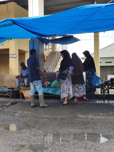 A wet, outdoor market scene depicts four people, one in blue rubber boots and jeans, facing three veiled women. Another person sits on a ledge behind them. A blue tarp provides cover. Goods for sale are arranged on a table. A sign on the building reads "Pasar Daging." The wet ground reflects the scene, creating puddles with building reflections.