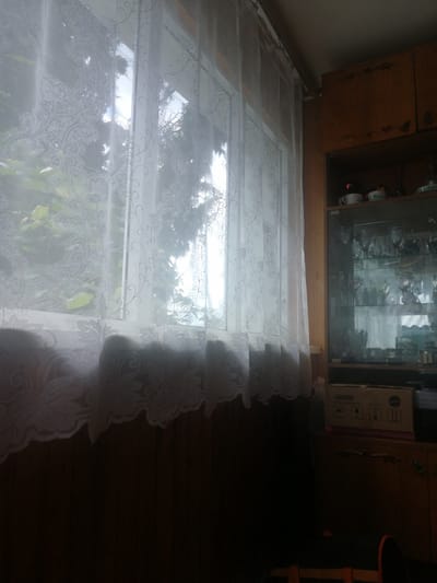 This image captures an interior scene from a room in Dubrovka, Russia, with a large window covered by sheer white lace curtains. The curtains feature an intricate floral and vine pattern, allowing diffused natural light to enter the room. Through the curtains, the blurred shapes of trees and foliage are visible, suggesting an outdoor view.
To the right of the window, a wooden cabinet with glass doors stands against a wall. The cabinet displays various glassware, including cups and decorative items, illuminated by the ambient light. Below the cabinet, a cardboard box with shipping labels and symbols is placed on top of a wooden surface. The room appears to be lit by natural light coming through the window and possibly some artificial light sources, creating a play of light and shadow. The overall atmosphere is domestic and somewhat dimly lit, with the focus drawn to the textures of the curtains and the items displayed in the cabinet.