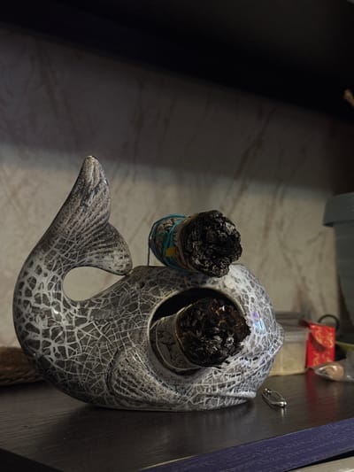 The image shows a decorative ceramic whale on a dark surface. The whale has a cracked, glazed finish in shades of gray and white. There are two bundles of charred material in the whale's "eyes." These appear to be spent smudge sticks or incense bundles. Other items can be seen in the background, including a red box and some other objects. The setting is not Kladovitsy, Russia.