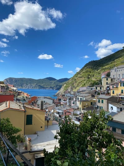 The image depicts an elevated view of Vernazza, Italy, a coastal town nestled into a steep hillside overlooking the Ligurian Sea. The scene is illuminated by bright daylight under a clear blue sky dotted with scattered white cumulus clouds.
In the background, the deep blue sea extends to the horizon, flanked by distant green, undulating hills and headlands on both sides.
The midground is dominated by the town's dense cluster of multi-story buildings, characterized by their varied pastel facades including yellow, pink, light blue, ochre, and green. These structures feature numerous rectangular windows, often with closed green shutters, and grey or terracotta tile roofs. Multiple satellite dishes are visible on rooftops. The buildings are built into a terraced hillside, which rises steeply behind them, covered in green vegetation and visible terraced cultivation. A distinct dome-shaped roof is visible on a structure in the lower-midground, near the coastline on the right.
The foreground contains dark green foliage from trees or shrubs, partially obscuring the view on the lower left and right. A metal railing is visible on the lower left, indicating an elevated vantage point. A light-colored concrete or tiled terrace is visible in the lower-center, with a yellow building featuring a green-shuttered window behind it.
No individuals, animals, or specific actions or interactions are discernible within the frame. The environment is composed solely of natural landscapes, architectural structures, and vegetation.