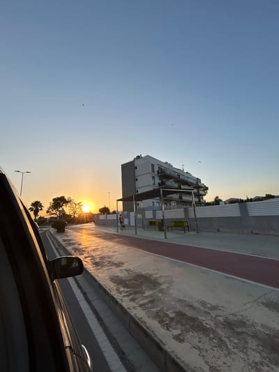 This media file depicts an outdoor scene, likely in Castelló de la Plana, Spain, during sunset. The image is oriented vertically.

The foreground features the side of a dark-colored car, including its side mirror. The car appears to be on a road or pathway. Adjacent to the road is a concrete surface with a reddish stripe, possibly a pedestrian walkway or bike lane. The concrete shows signs of wear and staining.

In the mid-ground, a modern, multi-story building with balconies dominates the left side of the frame. The building has a predominantly white and gray facade. Beyond the building, trees are visible, some with palm-like fronds, silhouetted against the bright sunset. The sun itself is low on the horizon, casting a warm, golden glow that reflects off the wet ground, creating a shimmering effect. A few birds are scattered in the clear blue sky, which transitions to a pale orange hue near the horizon.

The scene suggests a peaceful, end-of-day atmosphere. The low sun indicates it is late afternoon or early evening. There are no visible text elements in the image. The overall mood is serene, highlighted by the warm sunset light and the clear sky.