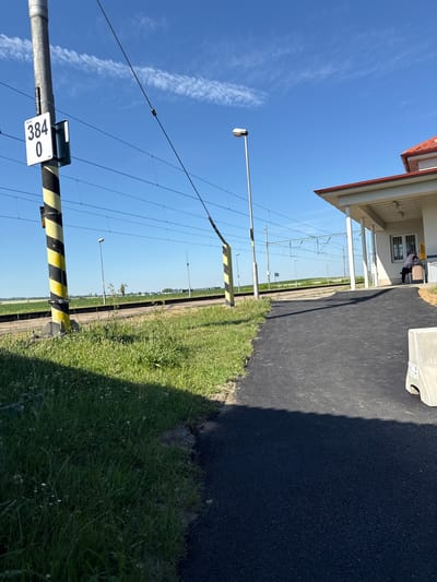 A sunny, daytime, exterior shot captures a view of a train station platform in Tlustovousy, Czechia. In the foreground, a new asphalt path curves to the right, casting a shadow. To the left, a grassy area with scattered white wildflowers and weeds abuts the path. A tall pole, striped black and yellow, stands on the left, bearing a white sign with black numerals "384 0" and smaller text. Overhead, power lines crisscross the bright blue sky, which is dotted with thin, wispy clouds. A modern train station building with a red-tiled roof and white columns is visible on the right. A person is seated on a bench by a trash receptacle under the station's overhang. In the background, a train track runs horizontally, bordered by green fields. Additional light poles and train infrastructure are visible in the distance.