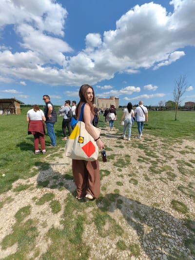A woman in brown pants and a tan top stands on a rocky path with grass patches, glancing over her shoulder. She holds a water bottle and a Lidl tote bag with blue straps. Other people walk on the path toward a castle-like structure in the distance under a bright blue sky with fluffy white clouds. There is a wooden structure and a tree on either side of the path. This scene is in the city of Neofit Rilski, Bulgaria.