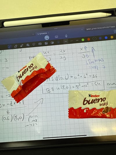 The image shows a portion of a digital tablet screen. The screen displays handwritten mathematical equations and notes on a grid paper background. There are two empty Kinder Bueno mini chocolate bar wrappers, one at the top and one at the bottom of the image. The top wrapper is partially obscuring some of the equations. The tablet is resting on a surface, possibly a desk, in a location in Kfar Monash, Israel.  The coordinates 32.343, 34.911 are outside the city of Kfar Monash.  It is impossible to discern the exact location in Kfar Monash based on the image alone.  There is no evidence of people or actions in the scene.