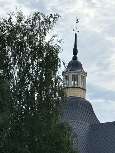 This image depicts the upper portion of the Lappeenranta Orthodox Church (Protection of the Mother of God Church) in Lappeenranta, Finland, partially obscured by the dense foliage of a deciduous tree. The church structure, positioned on the right, features a dark, vertically ribbed domed roof, upon which rests a lighter-toned, octagonal cupola with multiple framed windows. Above the cupola, a dark, slender spire ascends, topped by a weathervane depicting a rooster and the inscribed year "1728". The tree, occupying the left side and extending across the foreground, exhibits numerous small, green leaves, with sunlight occasionally filtering through the canopy. The sky behind the tree and church is overcast, characterized by varying shades of grey and white clouds. No human figures or discernible actions are present within the frame.