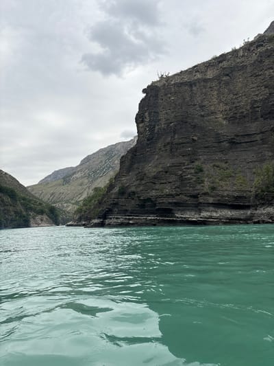 The image depicts a turquoise river flowing through a canyon in Zubutli, Russia. Sheer, dark rock cliffs rise dramatically on the right side of the frame, showcasing layered geological formations and sparse vegetation. On the left, the canyon wall is covered in lush green trees and vegetation, with gentler, lighter-colored mountains visible in the distance. The sky is overcast with grey clouds. The river exhibits a choppy surface with ripples and reflections of the surrounding landscape. There are no people or man-made objects visible in the image.