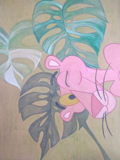 The image is a pastel drawing on a light brown, textured surface. The drawing depicts the Pink Panther character nestled among large, stylized green leaves that resemble Monstera leaves. The Pink Panther is predominantly pink with black whiskers and eye outlines. Its eyes are closed, and its head is tilted towards the viewer. One yellow eye is partially visible. The leaves are rendered in various shades of green and some have white highlights, suggesting a watercolor or pastel wash effect. The overall composition is soft and dreamlike. The image does not contain any elements that would suggest a specific location in Piatra Albă, Moldova.