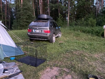 Inciems, Latvia. This media file depicts a campsite scene in a wooded area, likely during the evening given the soft, diffused light. The primary subjects are a dark-colored SUV with a roof cargo box, a partially set-up tent, and a large black wire dog crate positioned on the grass.
The SUV, a BMW X5, is parked on a dirt and grassy area. Its license plate reads "NY 168". The tent is a light-colored dome tent, with some of its poles visible. The dog crate appears to be set up and ready for use. In the foreground, a rustic wooden table is visible, with some items on it including a white cord and a dark object. A small blue plastic bowl sits on the grass near the tent.
The setting is a forest clearing with tall pine trees dominating the background. The ground is covered in grass and some patches of dirt. The overall mood is one of outdoor recreation or camping, possibly with a pet given the dog crate. The light suggests it is either dawn or dusk. No people are visible in the scene.
A wooden signpost is partially visible on the right side of the frame, with some text and an image on it, but the details are not clear enough to read. The weather appears to be calm and pleasant, suitable for outdoor activities.