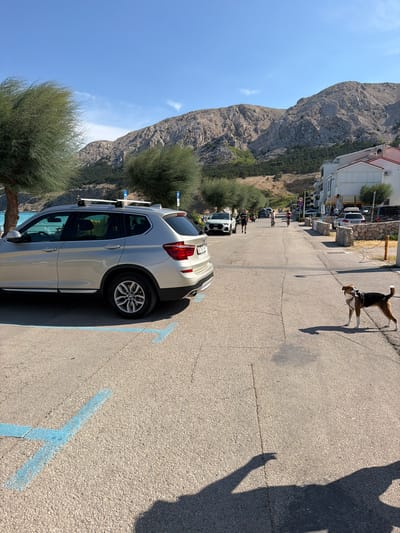 This is a street scene in Općina Baška, Croatia, on a sunny day with a clear blue sky. In the foreground to the left, a silver BMW SUV is parked in a designated parking spot marked with blue paint. The car has a roof rack installed. To the right of the car, a medium-sized dog on a leash stands on the asphalt, facing left. The dog is tri-colored with white, brown, and black markings, wearing a harness. The street is lined with trees and buildings on the right side. In the background, there are mountains with rocky slopes and some vegetation. Several people are visible further down the street, some walking and others riding bicycles. The overall environment suggests a coastal town or resort area.