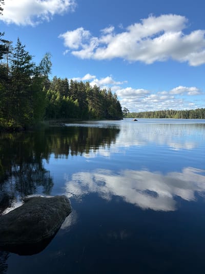 A tranquil natural scene depicts a calm lake bordered by a dense forest under a bright blue sky dotted with fluffy white clouds. The foreground features a large, dark grey rock partially submerged in the still water on the left side of the image. The water's surface acts as a mirror, reflecting the surrounding trees, the sky, and the clouds with remarkable clarity. The distant shoreline is lined with a variety of trees, predominantly evergreens, with a few deciduous trees interspersed. The scene conveys a sense of peace and natural beauty, typical of a lakeside environment in a forested region. There are no people or man-made structures visible.