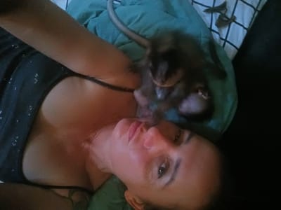 A woman is lying down with a baby monkey on her chest. The woman has light skin and dark hair. She is wearing a dark tank top. The monkey is small and brown, with a long tail. They are lying on a green blanket. In the background is a white and black plaid pillow. This image was taken in Ban Tai, Thailand.