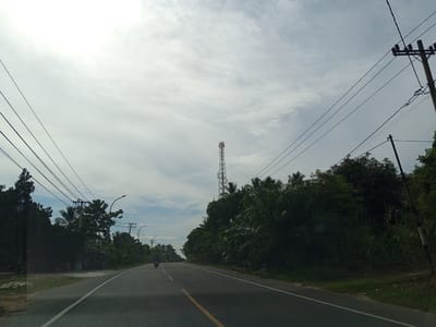 This image depicts a two-lane paved road in Blangkarieng, Indonesia, viewed from inside a vehicle on an overcast day. The sky is largely covered by light gray and white clouds. Overhead, multiple black power lines stretch across the frame, supported by utility poles visible on both sides of the road.
On the left side of the road, dense green tropical vegetation, including various trees and shrubs, lines the roadside. Partially obscured by trees are utility poles with streetlights and what appears to be a small, simple structure with a light-colored base. The road itself is dark gray asphalt, marked with a solid white line on the left edge and a broken yellow centerline. In the middle distance, a person on a motorcycle, wearing dark attire, travels away from the viewer on the right side of the road. Another faint vehicle is visible further down the road.
The right side of the road is bordered by extremely dense, dark green tropical foliage, including trees, shrubs, and tall grasses. A prominent utility pole stands on the far right. Behind the tree line, a tall, red and white lattice-structure telecommunications tower is visible, extending high into the sky. The overall scene suggests a rural or semi-rural environment with significant natural growth and basic infrastructure.