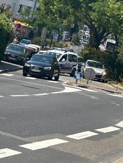 The image shows a street scene in Décines-Charpieu, France, with several vehicles and a few individuals. In the foreground, a black Audi is parked on the right side of the road, its license plate reading "DQ-035-DW". A white police van with "POLICE" emblazoned on its side is to the left of the Audi. A silver Renault is parked further down the street, also on the right. The background reveals a street lined with trees and buildings, suggesting an urban or suburban environment. Several other cars are visible in the distance, some appearing to be part of traffic. The presence of a police van indicates a potential law enforcement presence or an ongoing incident. The overall impression is of a typical street scene in a French town, with cars, a police vehicle, and pedestrians.