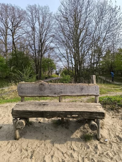 A wooden bench, constructed from roughly hewn logs, sits on a sandy surface in Overveen, Netherlands. The bench is composed of a seat, backrest, and supports. The seat is a substantial log, while the backrest is a similarly rustic piece of wood. The supports are logs as well. The sandy ground shows footprints. Behind the bench, trees with bare branches stand against a light sky. Vegetation is visible, suggesting a park or natural area. A person is walking on a path in the background, on an elevated part of the landscape behind the wooden bench. The time of year appears to be early spring, based on the bare trees and limited foliage.